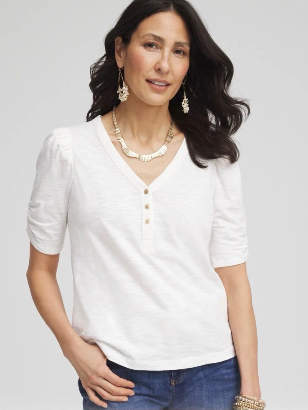 Chico's White V-Neck Button Puff Sleeve Top
